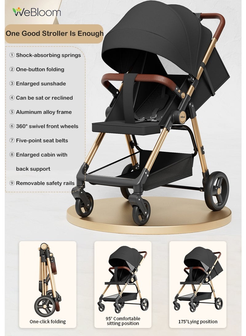 WeBloom 2 In 1 Sit & Lie Down Dual Mode Foldable Baby Stroller|Lightweight Aluminum Frame|Excellent 360° Shock-Absorbing Wheels|One-Touch Folding|Enlarged Cabin With Adjustable Backrest|Enlarged UV50+ Protection Cannopy|5-Point Safety Harness|Extra Storage Basket|Detachable Cushion + Guardrail|Large Size Breathable Travel Stroller|For 6-36 Months Baby|Black - Image 1